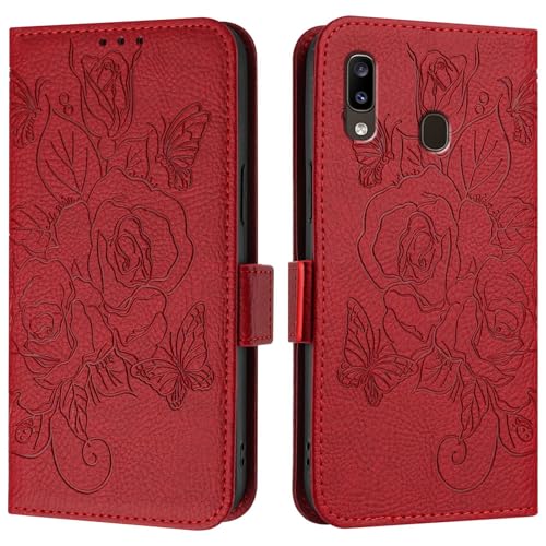 Samsung Galaxy A20/A30/M10S�P�[�X�Ή��A�E�H���b�g�P�[�X �X���� PU���U�[ �t�H�� �t���b�v �t�H���I�P�[�X�A�J�[�h�z���_�[+���X�g�X�g���b�v�t���ϏՌ��ی�P�[�X(Red)