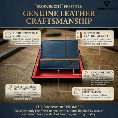 Image of Storescent Premium Genuine Leather Wallet for Men | Men's RFID Blocking Slim Purse | Hand-Stitched Pure Leather Gents Wallet (Blue)