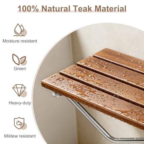 Banc de douche pliant en teck de 71 cm et acier inox élégant - 5
