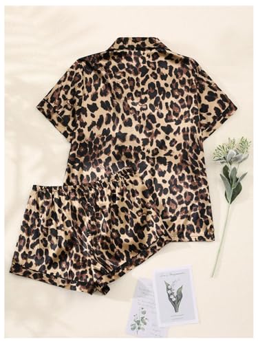 SHENHE Women's 2 Piece Satin Pajama Set Leopard Short Sleeve Button Down Pj Shorts Set2