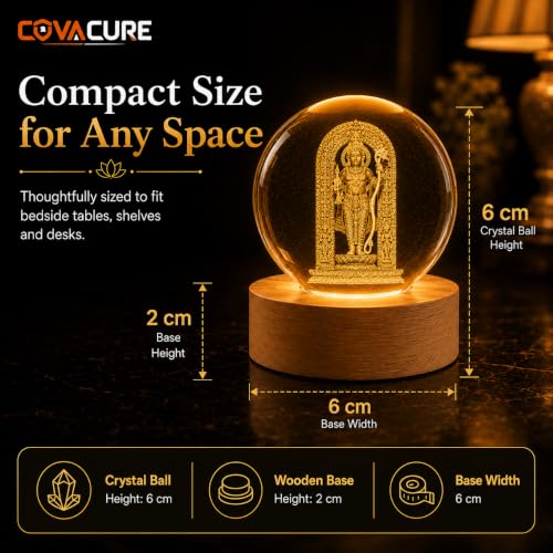 Image of COVACURE 3D Ram Lalla Ayodhya Idol Statue Showpiece Murti Crystal Ball Night Lamp, 2.4 Inch Ram Lalla Idol Crystal Ball Night Light for Home & Office Desk Decor, Birthday Gift, Spiritual Showpiece