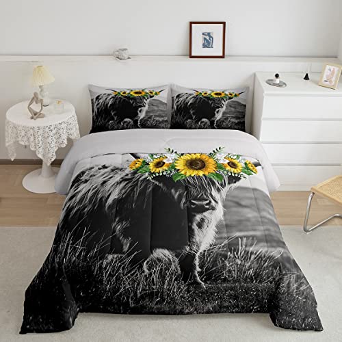 Highland Cow Comforter Set King Size for Adult Women Sunflower Cow Print Bedding Farmhouse Decor Wild Animal Cows with Gray Fur Quilted Duvet Decor 3 Pcs Bedding ,1 Duvet Cover + 2 Pillowcas