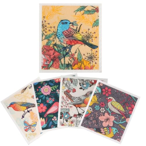 CZXCV 5 Pcs Swedish Dishcloths Reusable Kitchen Cleaning Cloths Absorbent Quick Drying Washable Dish Cloths for Washing Up (Birds Flowers)