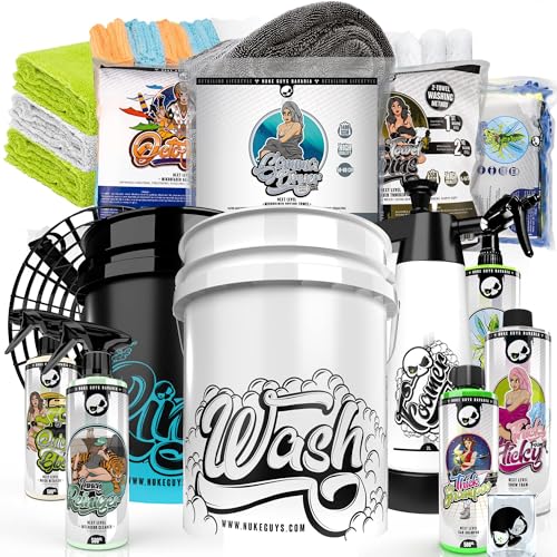 Nuke Guys Juego profesional de lavado de coche para un lavado óptimo de manos: cubo de lavado para la suciedad, lavado, secado, removedor de insectos, espuma de nieve, detalles rápidos, limpiador