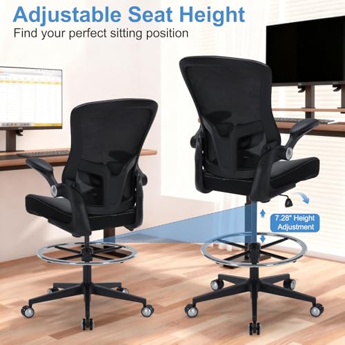 Image of Drafting Chair 400lbs Heavy Duty Tall Office Chair Big and Tall Ergonomic Standing Desk Chair with Lumbar Support and Adjustable Footrest Ring, Comfy Mesh Wide Chair with Flip-up Armrests, Black