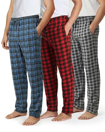 Real Essentials 3 Pack: Men's Fleece Pajama Pants Loungewear Soft Pj Bottoms Sleepwear Pockets (Big & Tall Available)