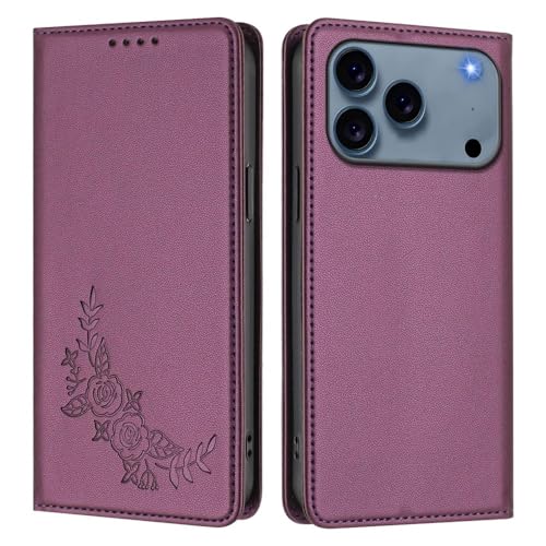 Étui en cuir iPhone 16 Pro Max de couleur violet foncé à rabat chic
