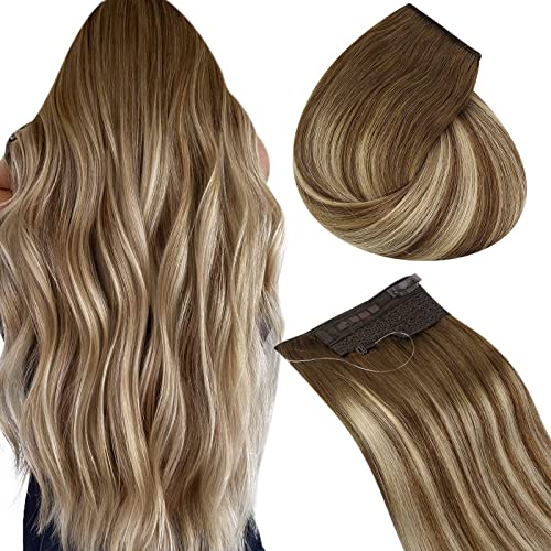 Sunny Fish Line Hair Extensions Brown Ombre Hair Extensions Invisible Wire Extensions Real Human Hair #6 Medium Brown Balayage #60 Platinum Blonde Fishing Line Extensions Silky Straight 18inch 80g