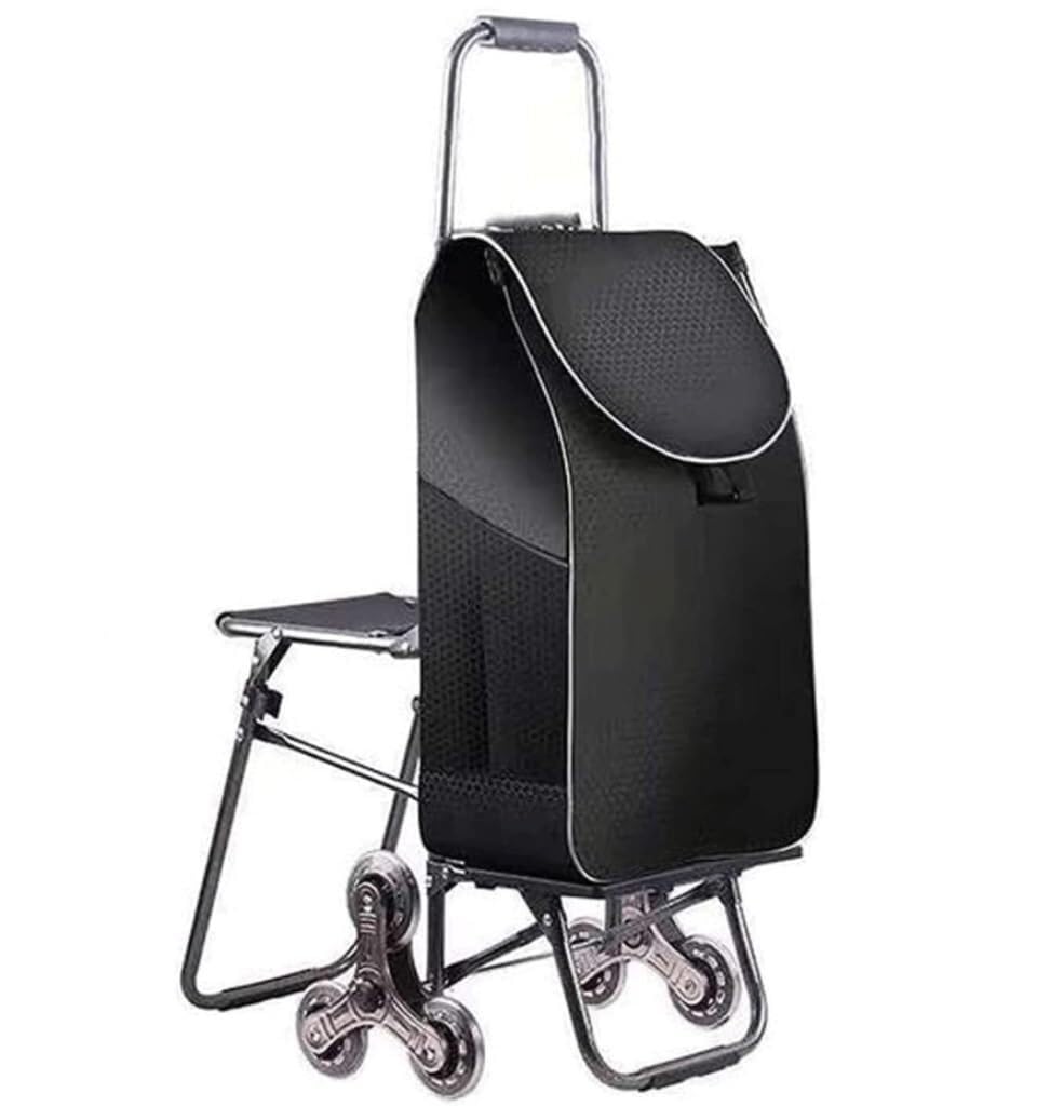 Folding Trolley Cart Trolley 6 Wheel Shopping with Seat Folding Portable Trailer with Bag Stair Cart Grocery(A)