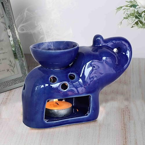 Image of Pure Source India Blue Elephant Ceramic Oil Burner with Tealight Candle - Handcrafted Decorative Aroma Diffuser for Home & Spa Use