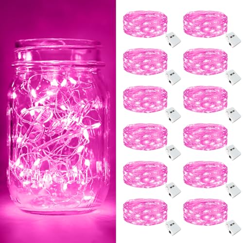 btfarm Valentine's Day 12 Pack Pink Fairy Lights Battery Operated 3 Modes, 7ft 20 Led Twinkle String Lights Waterproof, Bulk Small Mini Light for Mason Jars Christmas Vases Wedding Table Decorations