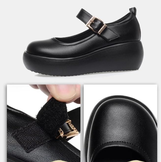 DirraBra Women's Retro Leather Mary Janes Shoes Comfortable Slip-On Non-Slip Platform Wedge Heels Closed Round Toe Work Platform Walking Pumps Shoe with Hook and Loo2