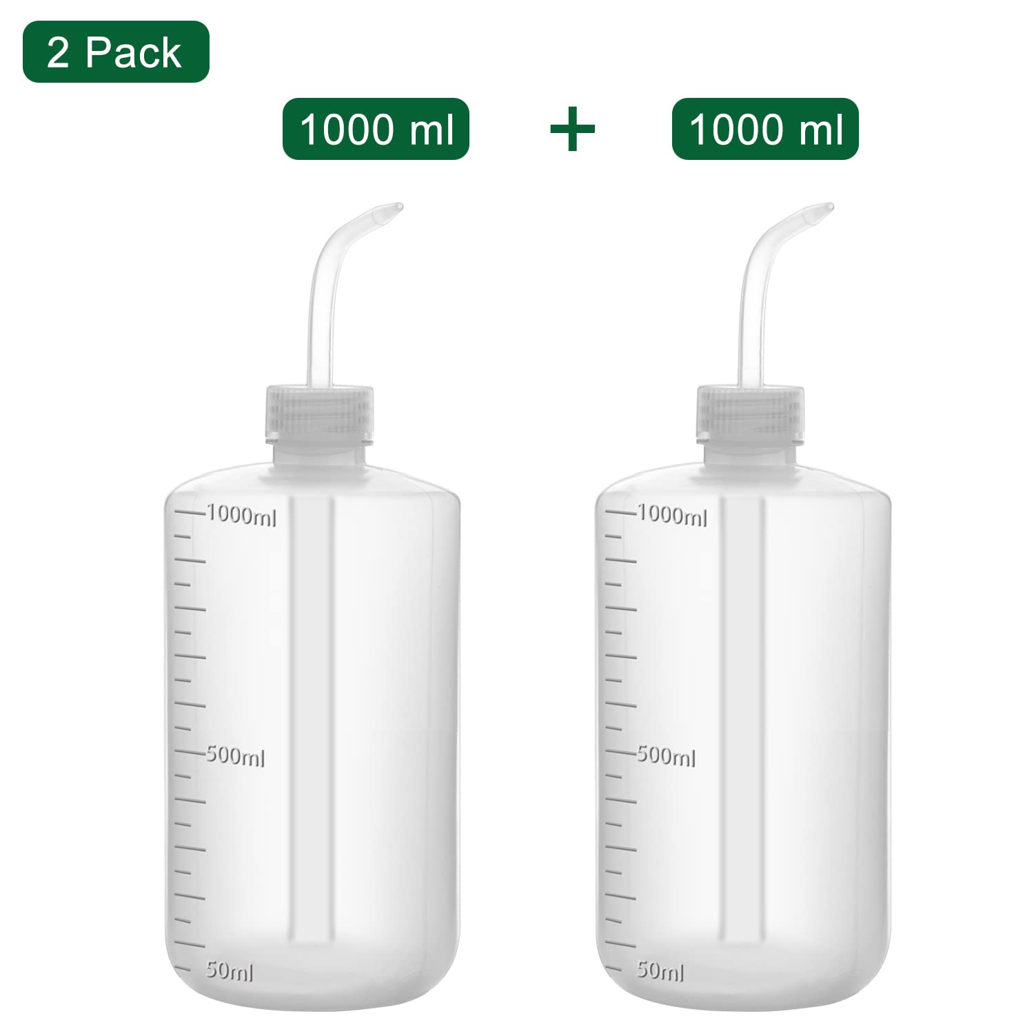 FunChem Confezione da 2 flaconi di lavaggio chimico, 1000 ml, in plastica LDPE con graduazioni chiare, apertura stretta per lavare in laboratorio