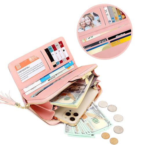 Pomelo RFID Wallet for Women, Multiple Card Slots and Cellphone Compartment, Pink Rattan