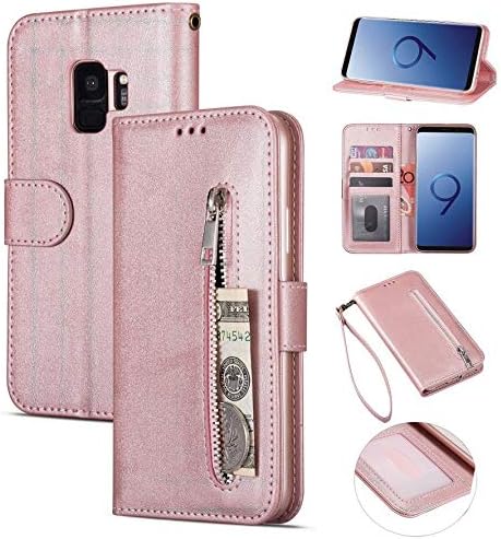 ZTOFERA Zipper Case For Samsung Galaxy S10,Magnetic Wallet Flip PU Leather With Wrist Strap Handbag Pocket Stand Inner TPU Case For Samsung Galaxy S10 -Rose Gold