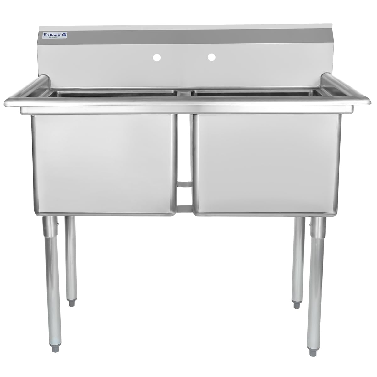 Empura 43" Wide Stainless Steel Two Compartment Commercial Sink | Prep Utility 18 x 18 Bowl for Restaurant Laundry Garage | 3.5" Drain Basket, 9.75"