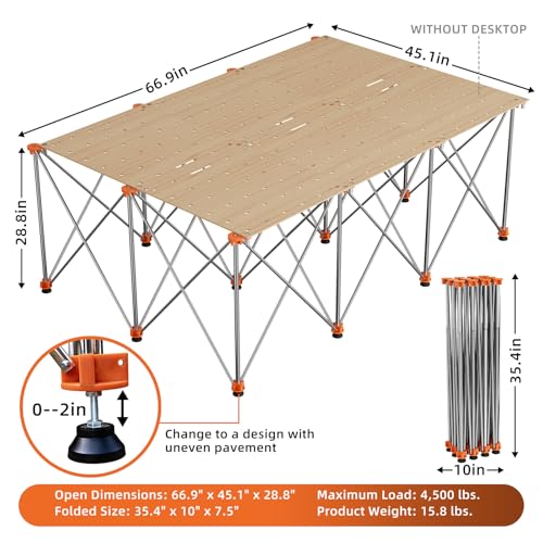 Image of 30 inch Tall Portable Folding Workbench 6x4 FT, Stable 12-Leg Collapsible Work Stand with Adjustable Leveling Feet, Lightweight 4500 lbs Capacity Sawhorse Table for Woodworking & Jobsite