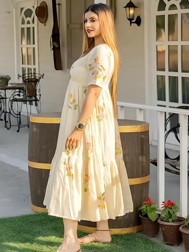 Image of Floral Print Empire Waist Midi Pure Cotton Dress, Short Sleeve, Cream White with Yellow Accents
