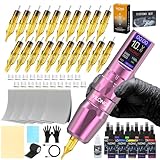 Wireless Tattoo Pen Machine Kit - Adjustable 6-Stroke Tattoo Machine with 1200mAh Power Supply and Digital LCD Display Rotary Tattoo Machine/Tattoo Starter Kit for Beginners (Pink)
