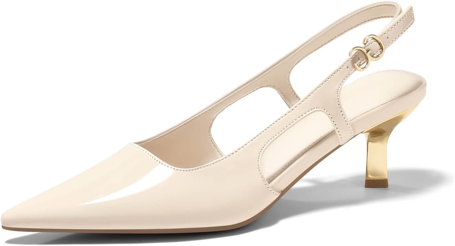 Coutgo Womens Low Kitten Heels Slingback Pumps Closed Pointed Toe Buckle Party Work Dress Shoes