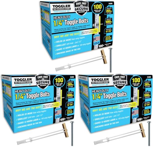 Image of TOGGLER SNAPTOGGLE Drywall Anchor with Included Bolts for 0.25 inchx2.5 inch (100 Pieces) (Pack of 3)