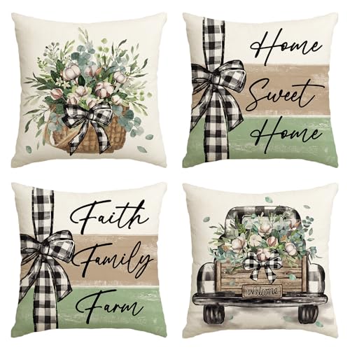 AVOIN colorlife Home Sweet Home Farmhouse Eucalyptus Leaves Throw Pillow Covers 18 x 18 Inch Truck Stripes Buffalo Plaid Cushion Case Decorations Set of 4