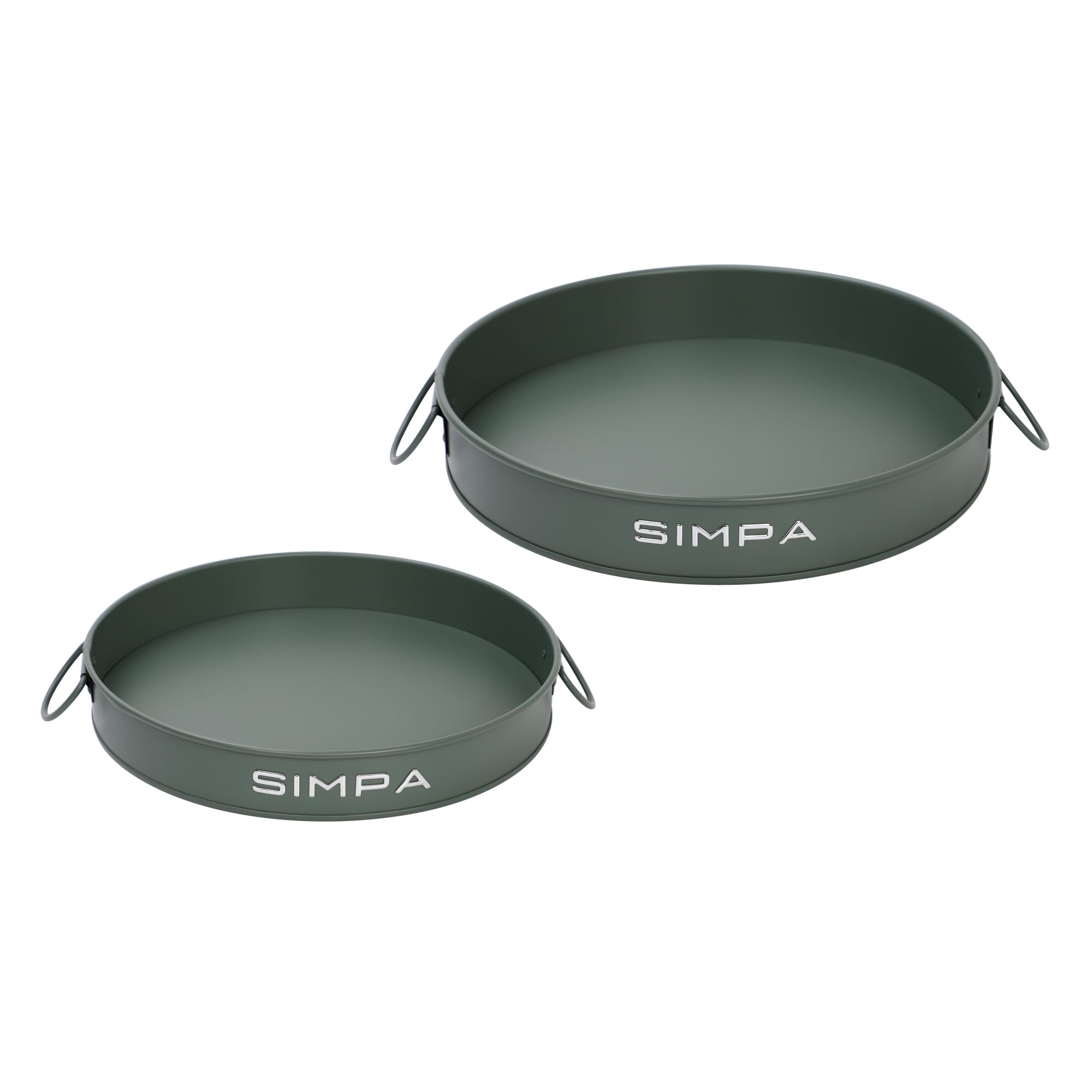 simpa Round 2PC Metal Colour Serving Trays Set with Handles, 30cm & 25cm Diameter Trays - Matt Green