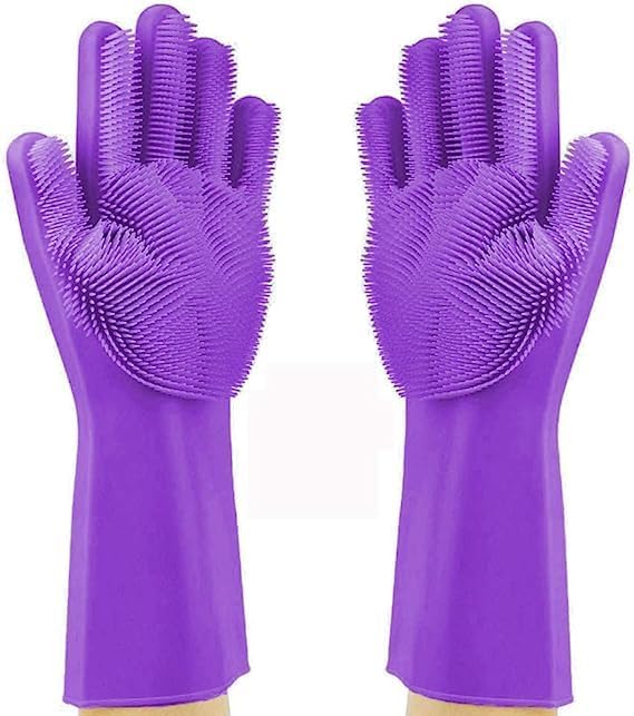 DHONI Multipurpose Cleaning Hand Gloves For Kitchen, gloves for washing utensils, Rubber Scrubbing Gloves, Sponge Cleaning Brush for Dishes Housework, Kitchen, Cars.(Voilet -Long Gloves Pack Of 1)