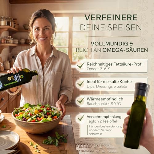 Kräuterland Schwarzkümmelöl 1L (1000ml), ungefiltert, Kaltgepresst, 100% Nigella Sativa, ohne Zusatz von Aromen, Frabstoffe & Konservierungsstoffe - direkt aus unsrer hessischen Ölmühle