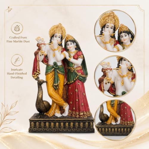 Image of ARMONIA Radha Krishna Murti 11 Inch | Premium Marble Dust Radha Krishna Idol with Peacock for Mandir, Home Decor & Office Desk | Radhakrishna Statue Spiritual Gift for Diwali, Wedding & Housewarming