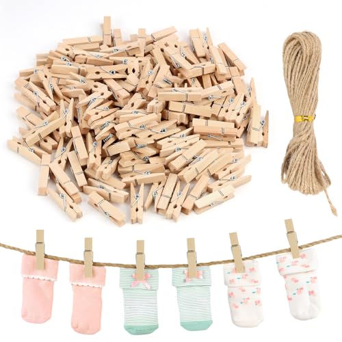 150 Pièces Mini Pinces à Linge Bois, Pince à Linge, 3,5cm avec Corde en Jute de 10m, Clips Polyvalents pour Accrocher Photos, Postkarten, Vêtements,...