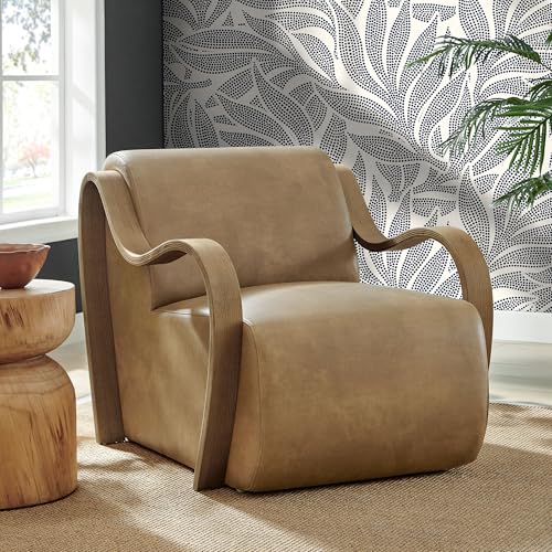 Sillón lounge de cuero vegano tostado con brazos de madera miniatura 2