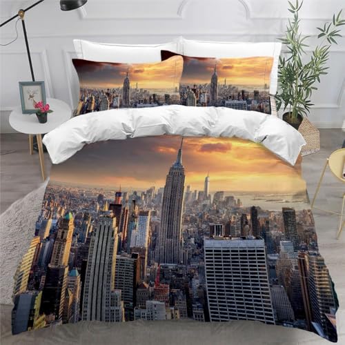 Funda Nordica Cama 135/150 Paisaje Urbano de Nueva York Funda Edredon Microfibra Ropa de Cama Edificios de La Ciudad Fundas Nórdicas 220x240 con 2 Fundas de Almohada 50x75 con Cremallera C-2919