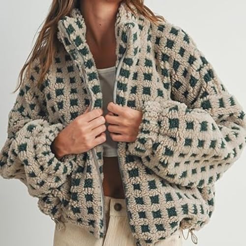 Womens Y2k Fuzzy Jacket Sherpa Plaid Long Sleeve Cropped Zip Up Shacket Fall Winter Fleece Coat2
