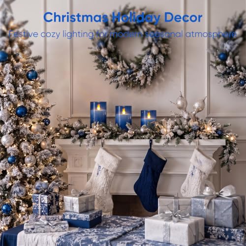 Image of Homemory Blue Flameless LED Pillar Candles with Remote Timer, Set of 3