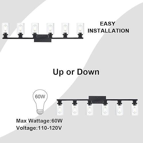 Miniatura 6 de VINLUZ Lámpara clásica de 6 luces para tocador de baño, color negro mate, para montaje en pared, de metal, sobre espejo con pantalla de vidrio