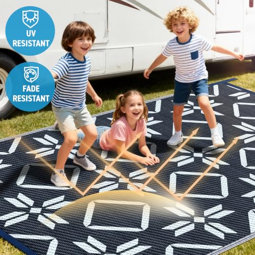 Image of Kohree Outdoor Rug, Diamond Flower, 9x12 ft, Blue | Waterproof, Reversible, Non-Slip, Foldable, Easy Cleaning and Carry for Patio, Camping, Picnic, Backyard