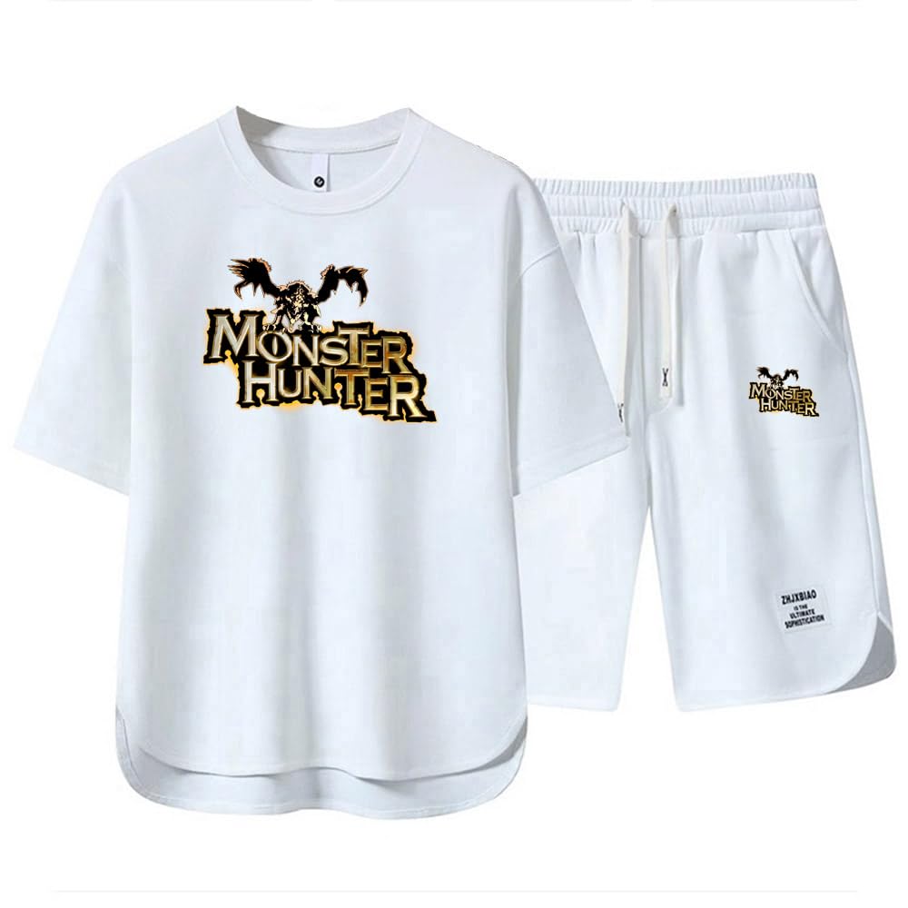 Męski 2-częściowy zestaw bawełniany t-shirt i szorty z nadrukiem Monster Hunter lato okrągły dekolt kombinezon do joggingu z krótkim rękawem rekreacyjny strój do joggingu