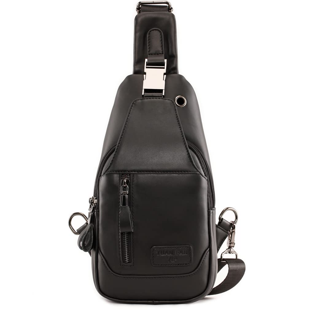 Hebetag Leather Sling Bag Hiking Daypack for Men Women Outdoor Travel Camping Fishing Crossbody Shoulder Chest Pack Daypack Small Black