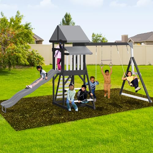 Sportspower Roswell Wooden Swing Set: Play Fort, Bench with Table, Sandbox, Trapeze, and 8' Slide - Black, Green and White