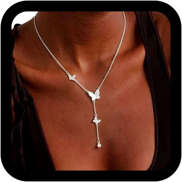 Tgirls Dainty 925 Silver Necklaces for Women Cute Y Long Pendant Necklaces Butterfly Ball Drop Chain Minimalist Silver Choker Wedding Gifts