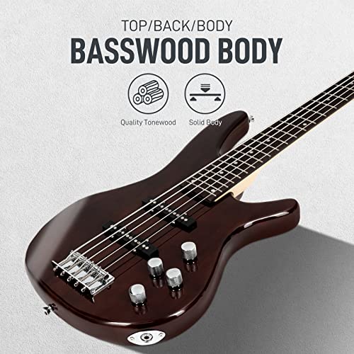 Ktaxon 5 String Electric Bass Guitar, Full Size Standard Right Handed Rosewood Fretboard Bass Kit With Gig Bag Strap Cable Wrench Tool (Earth Brown) #TOP1