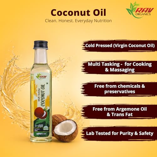 Image of Rav Organics Virgin Coconut Oil 250 ml | 100% Pure Wood Cold-Pressed, Unrefined & Edible | For Cooking, Hair, Skin & Baby Care,Oil Pulling | Nariyal Tel /Gari ka Tel for Hair | Free From Argemone Oil & Trans Fat