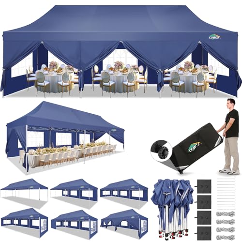 Image of COBIZI 10x30 Pop Up Canopy Tent with 8 Removable Sidewalls, Easy Setup Canopy with Roller Bag & Sandbags,Waterproof and UPF50+ Gazebo Tent, Outdoor Gazebo for Party Wedding BBQ Events,(White.