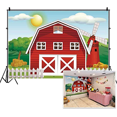 Haoyiyi 10X8Ft Happy Birthday Background Cartoon Red Barn Farm Green Grass Trees Fence House Wildmill Backdrop Photography Photo 1St First Princess Favors Party Photo Booth Studio Prop #TOP14