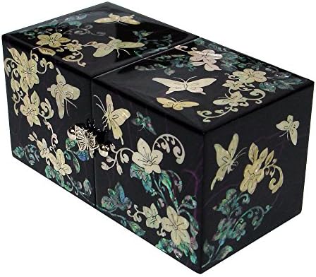 Antique Alive Mother of Pearl Inlay Butterfly Lacquer Wood Drawer Women Girl Secret Jewelry Small Ring Earrings Keepsake Trinket Treasure Gift Box Case Chest Organizer Storage