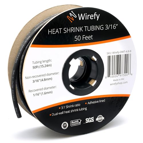 Wirefy 3/16" Heat Shrink Tubing - 3:1 Ratio - Adhesive Lined - a resistant Heat Shrink - Black - 50 Feet Roll