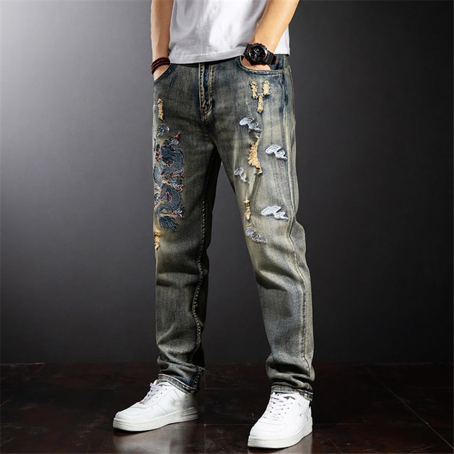 Dragon Embroidered Jeans Men Streetwear Denim Pants Ripped Plus Size Trousers Male Bottoms4