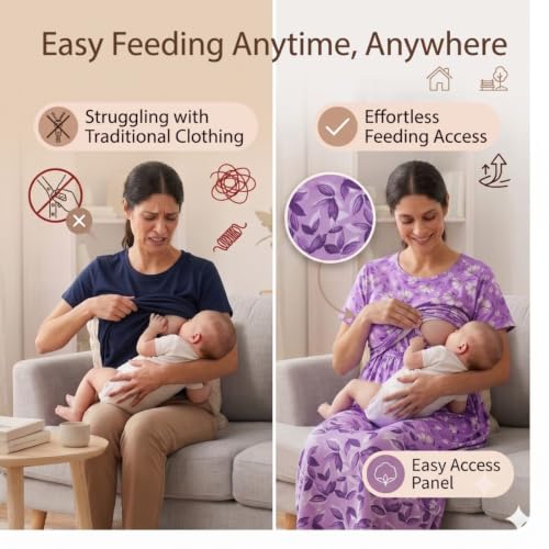 Image of Zero Clothing Feeding Dress for New Moms Casual Loungewear Ankle Length | Cotton Maternity Nighty | Zipless Feeding Dresses for Women | Pregnancy & Nursing Wear