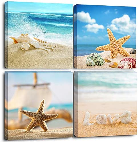 Yatehui – Coastal Wall Art 4 Panel Seascape Giclee Canvas Prints Seashell Starfish on Beach Landscape Pictures Paintings for Bathroom Kitchen Decoration - Ready to Hang 12x12 inches